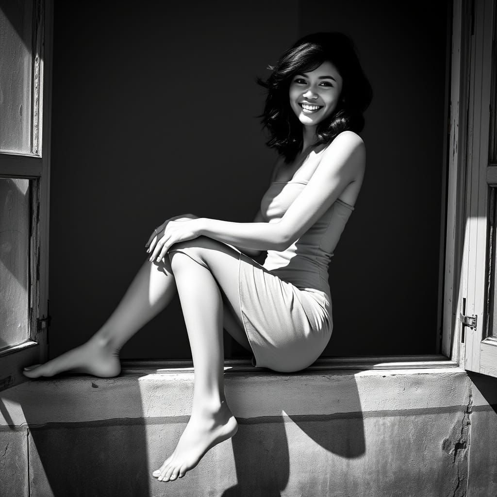 Filipina Woman on Windowsill in French New Wave Style