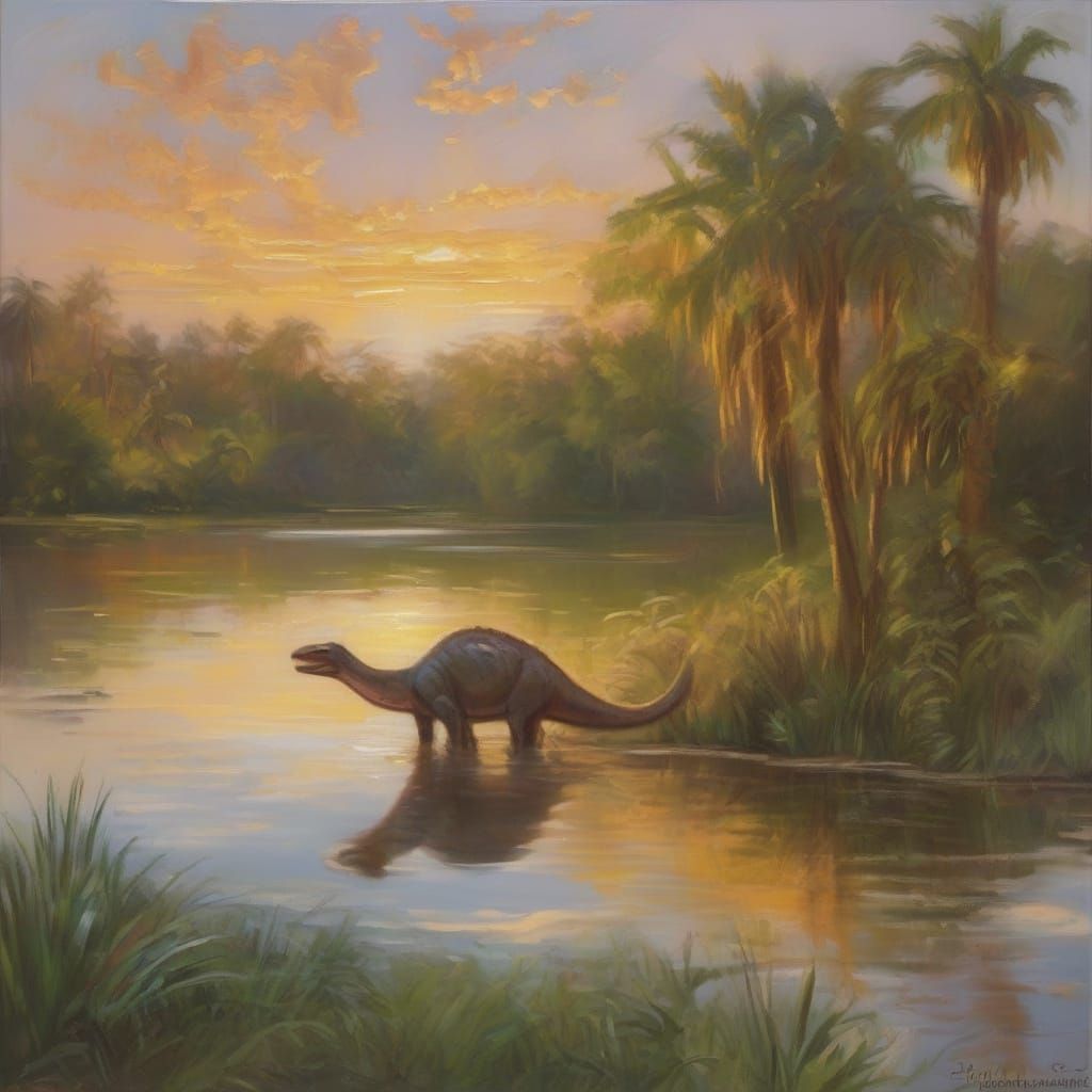 Hadrosaurs Drinking at Pond in Impressionist Oil Painting