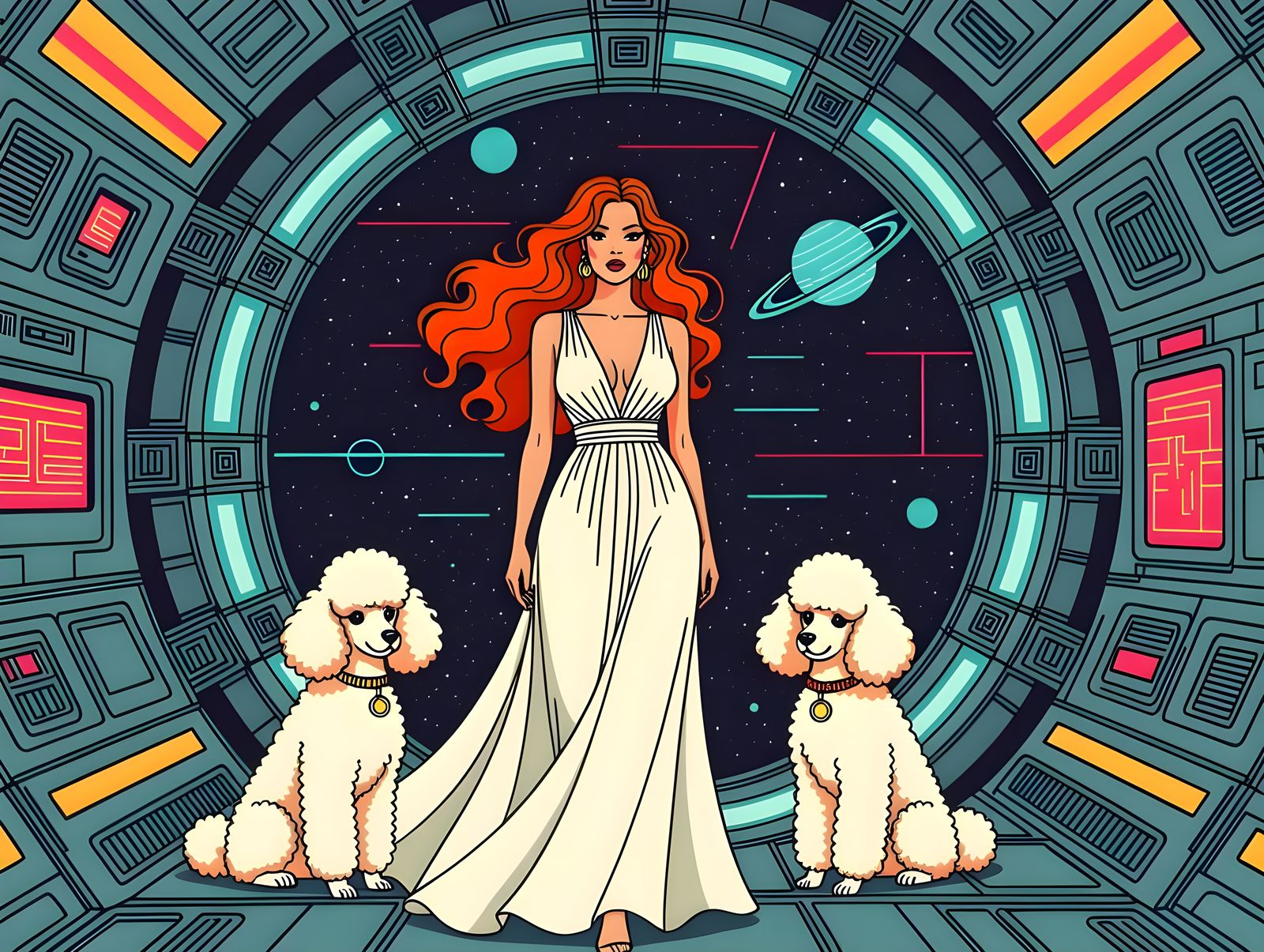 Stunning 1970s Model and Her Poodles in Cosmic Post-Impressi...