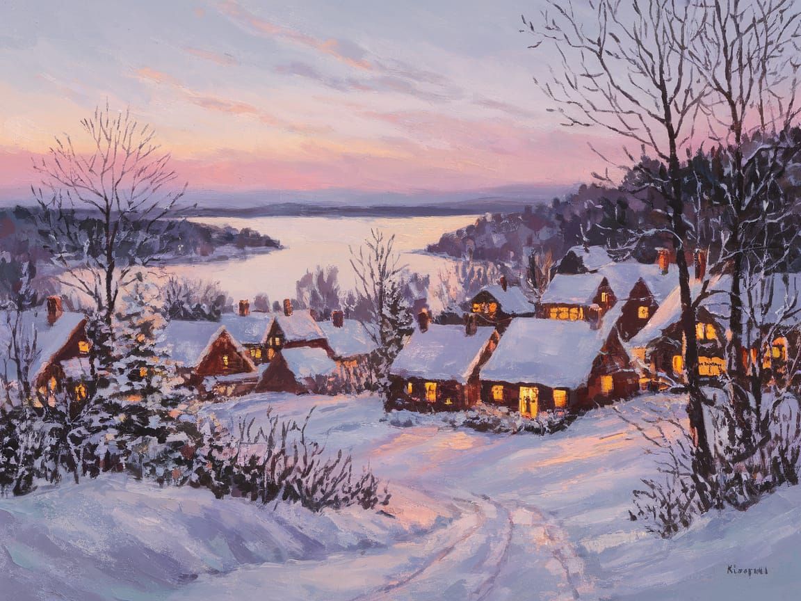 Winter Village Scene in Impressionist Style