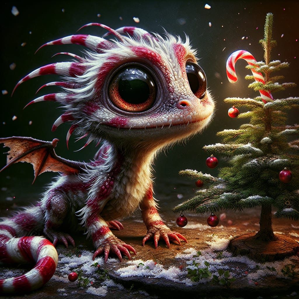 Whimsical Christmas Dragon with Glossy Red Eyes