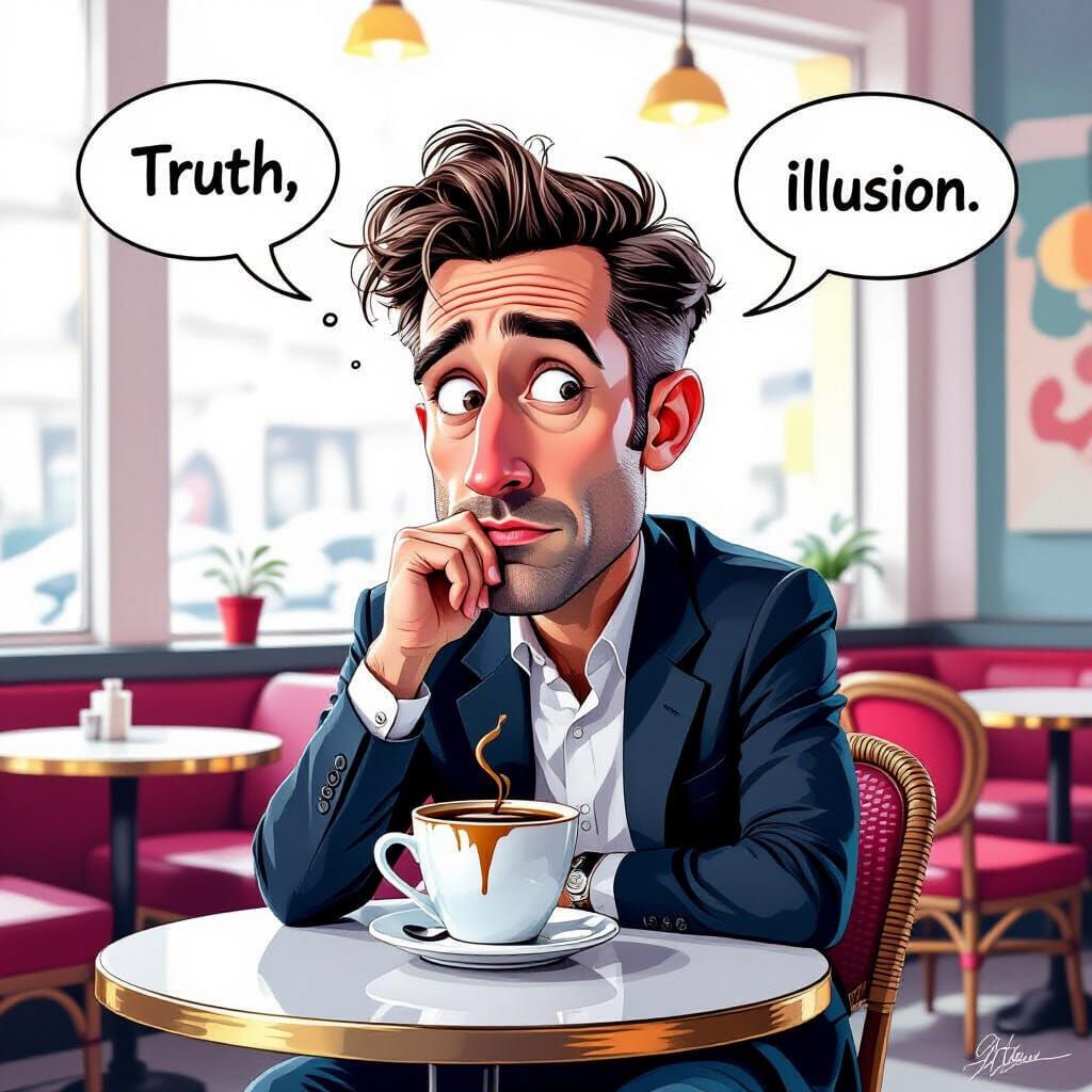 Humorous Caricature: Man Lost in Thought at Cafe