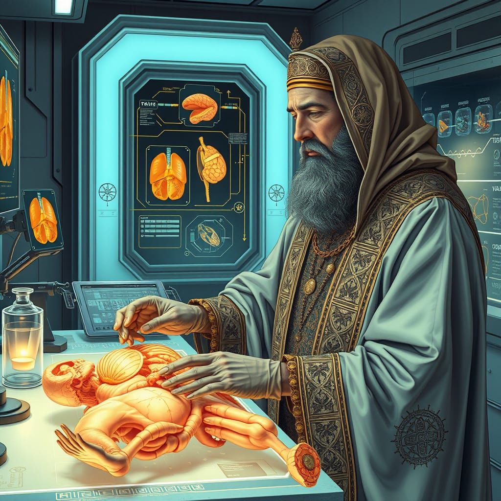 Ibn Sina's Futuristic Anatomy Lab in Art Deco Style