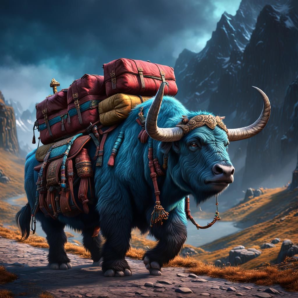 Yak Carrying Pack in Detailed Fantasy Art