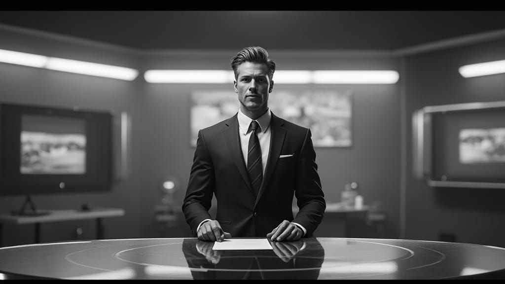 Sports News Anchor in Studio: Matte Painting Style