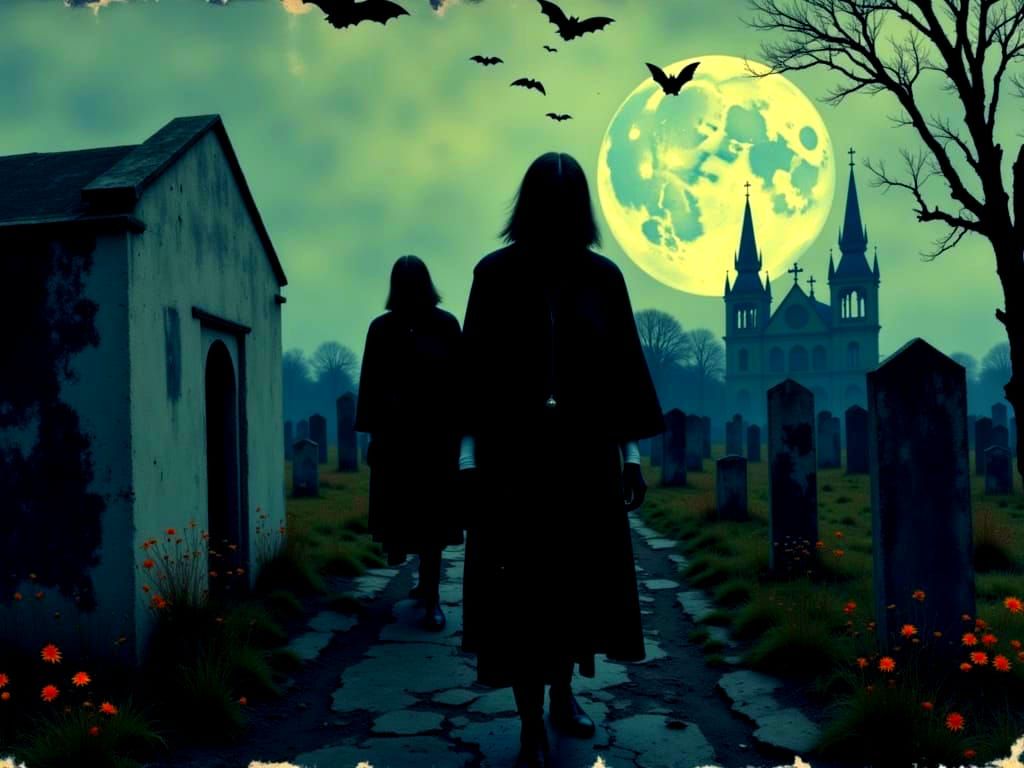 Spooky Ghouls in Moonlit Cemetery with Bats