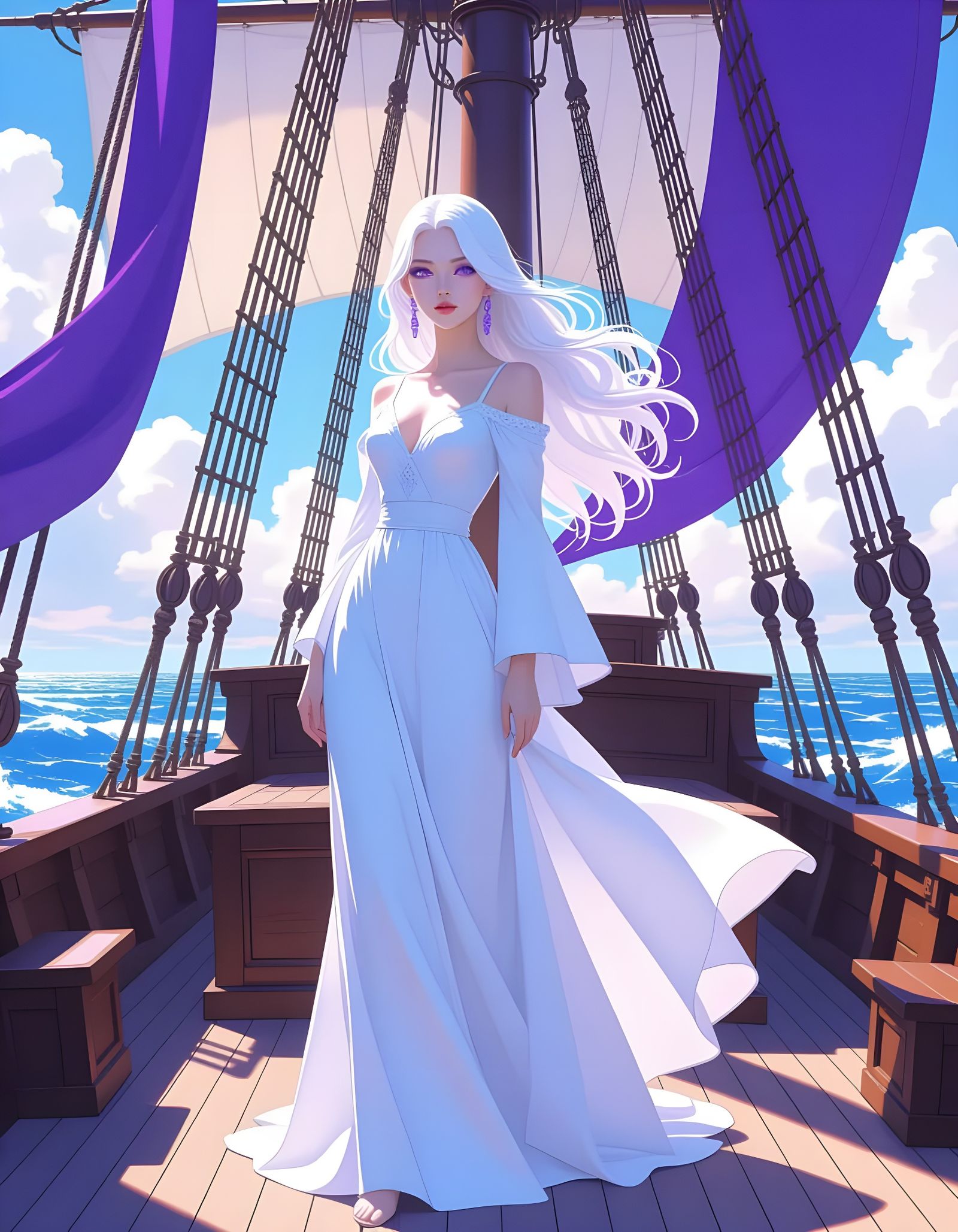 Woman on Sailing Ship with Lavender Eyes