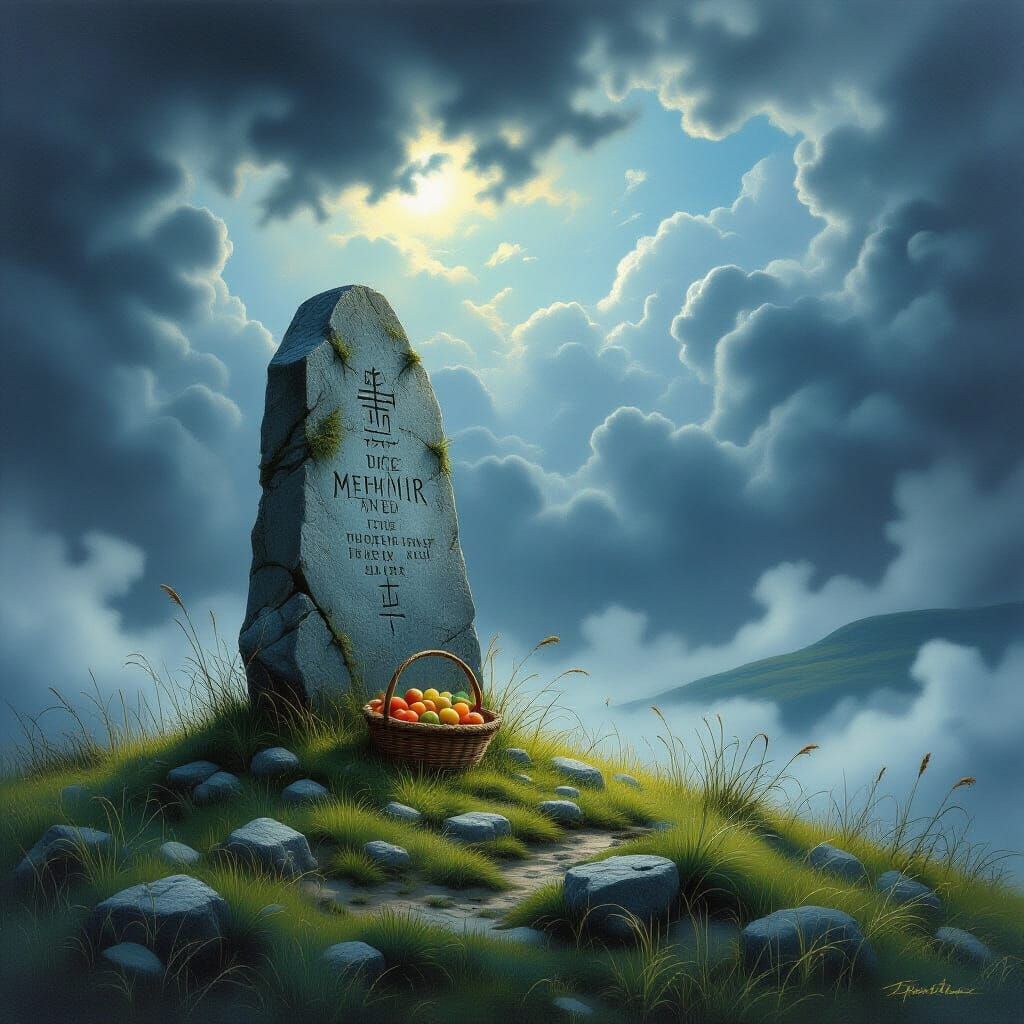 Ancient Monolith on Hilltop in Stormy Fantasy Landscape