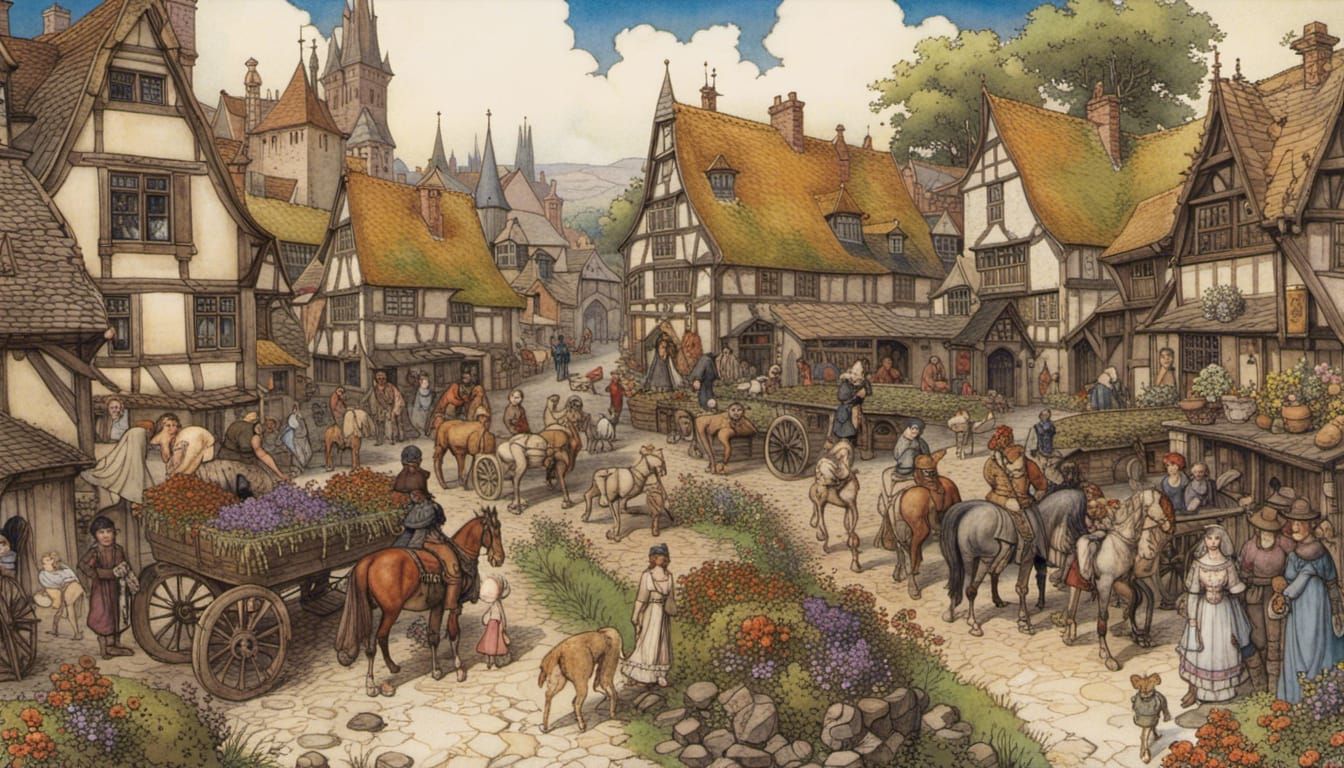 Vibrant Medieval Market Day in Detailed Realism