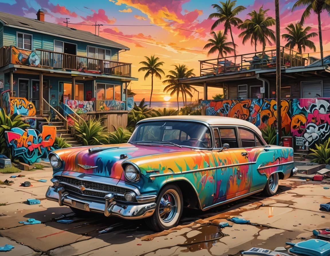 Modern Beach House with Graffiti Art Sunset