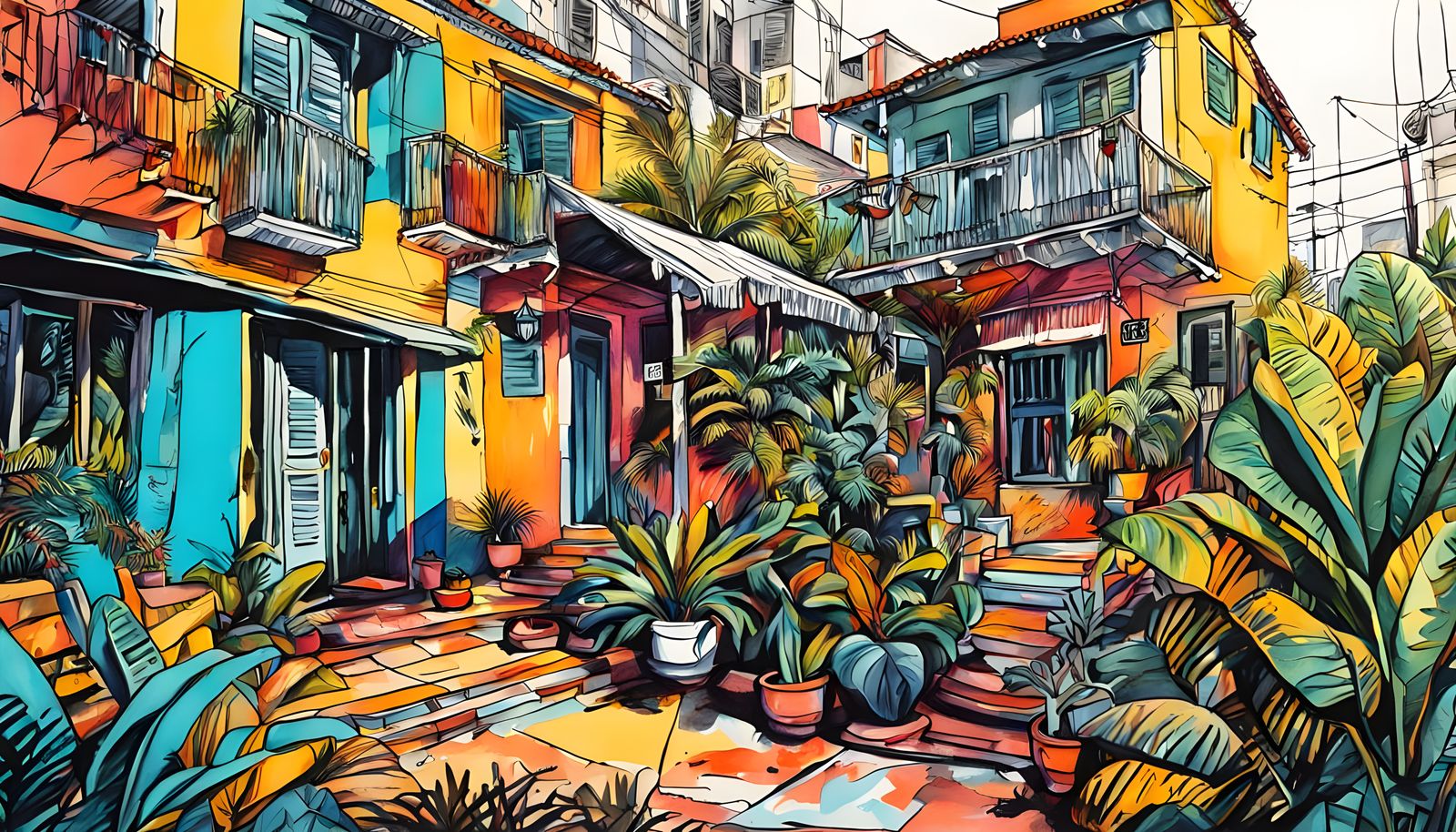 Vibrant Caribbean Still Life in Urban Sketch Style