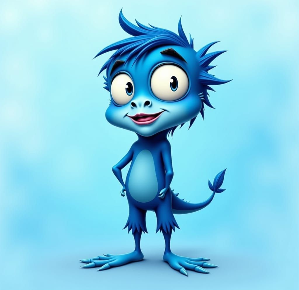 Blue Whimsical Caricature in Dreamy Landscape Style