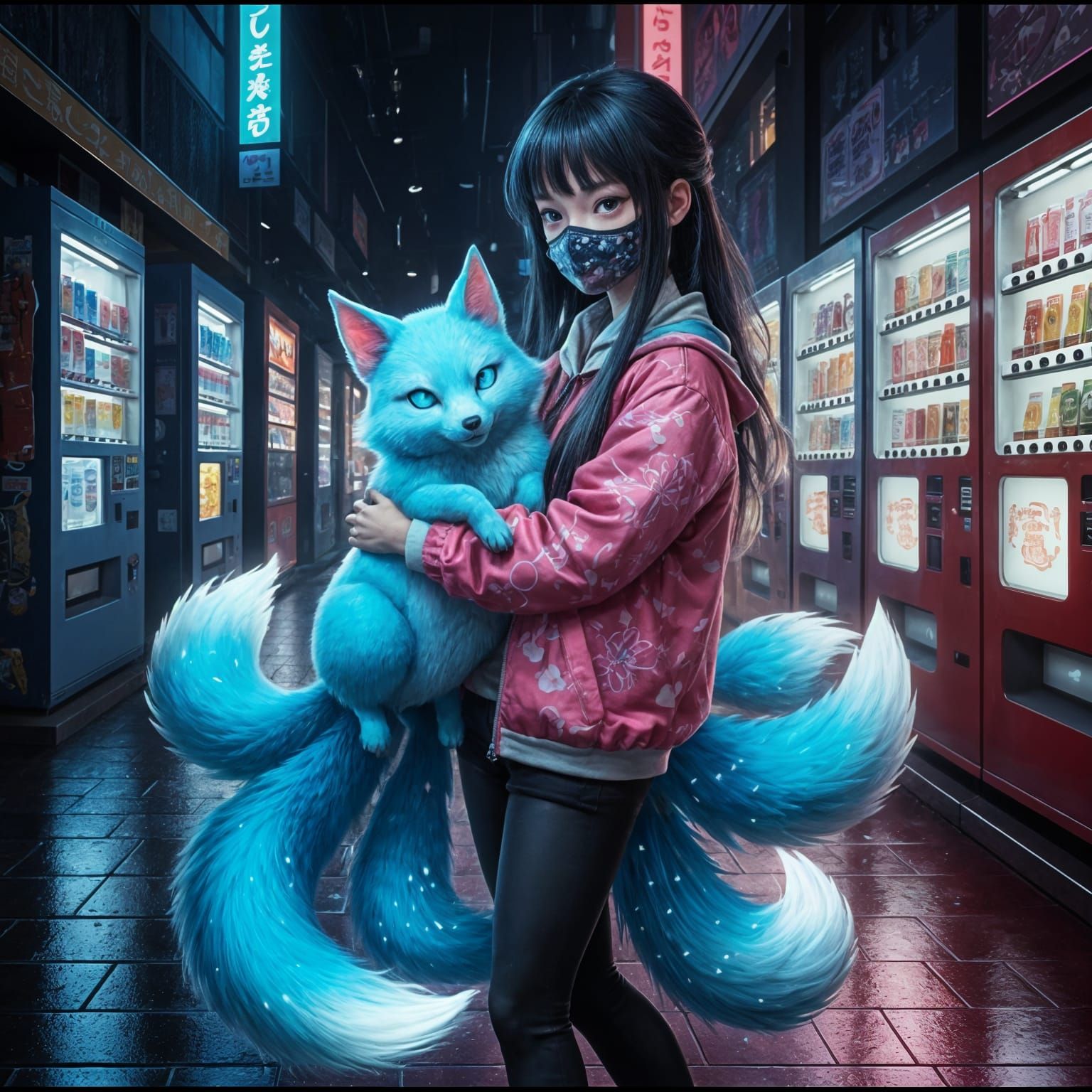 Teenage Girl Strolls with a Plump Kitsune under Cosmic Glow