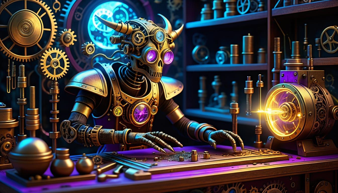 Steampunk Celestial Inventor Crafts Golden Mechanisoul