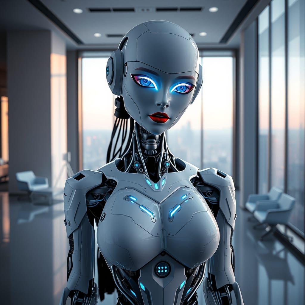 Cyberpunk Robot Woman with Piercing Electric Blue Eyes