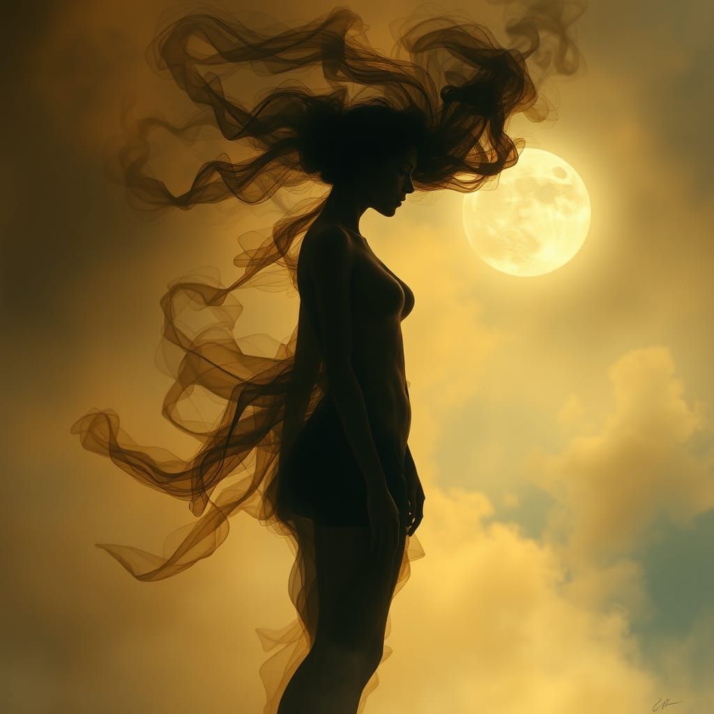 Ethereal Smoke Woman in Moonlight: Mystical Surrealism