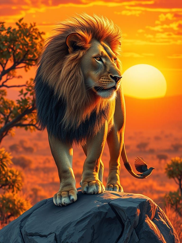 Majestic Lion in Savannah Sunset, Expressive Pen Sketch