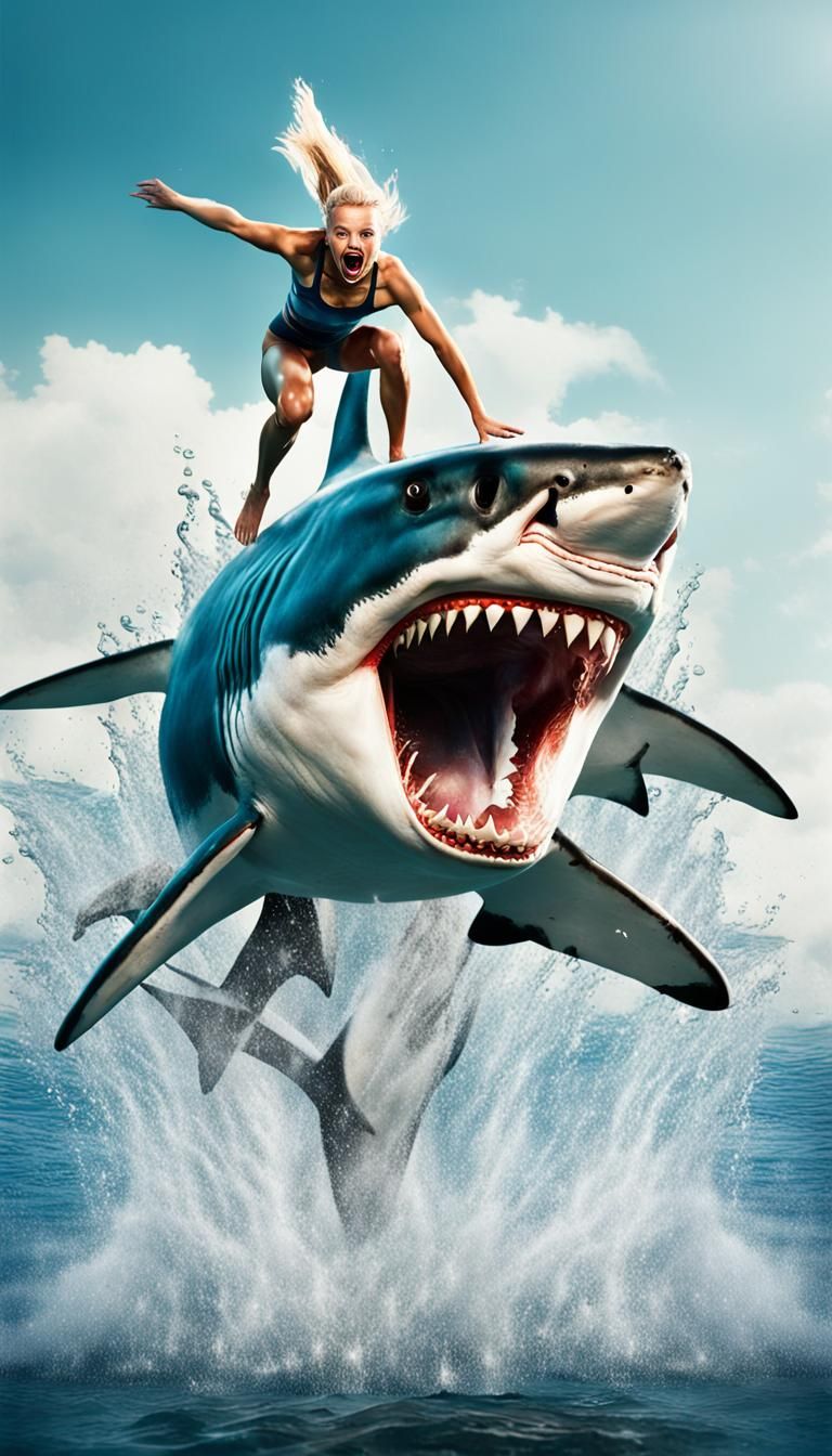 Woman Stands on Shark in Hyperrealistic Photo