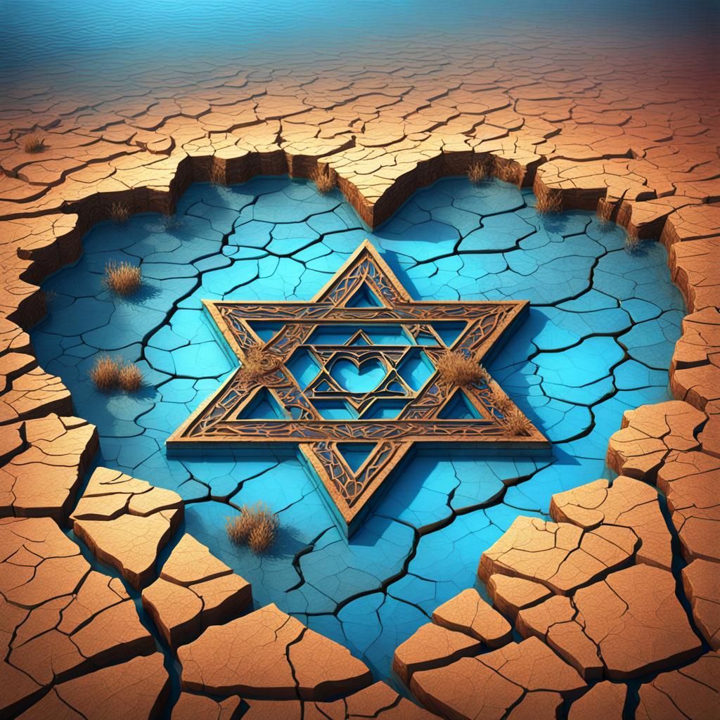 Blue Magen David Lake Landscape with Cracked Heart in Vibran...