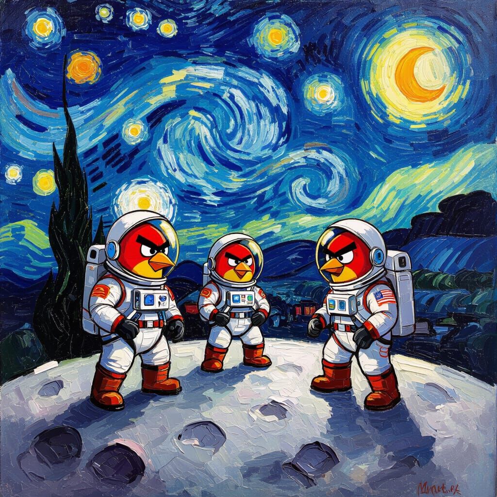 Angry Birds Explore the Moon as Impasto Painting