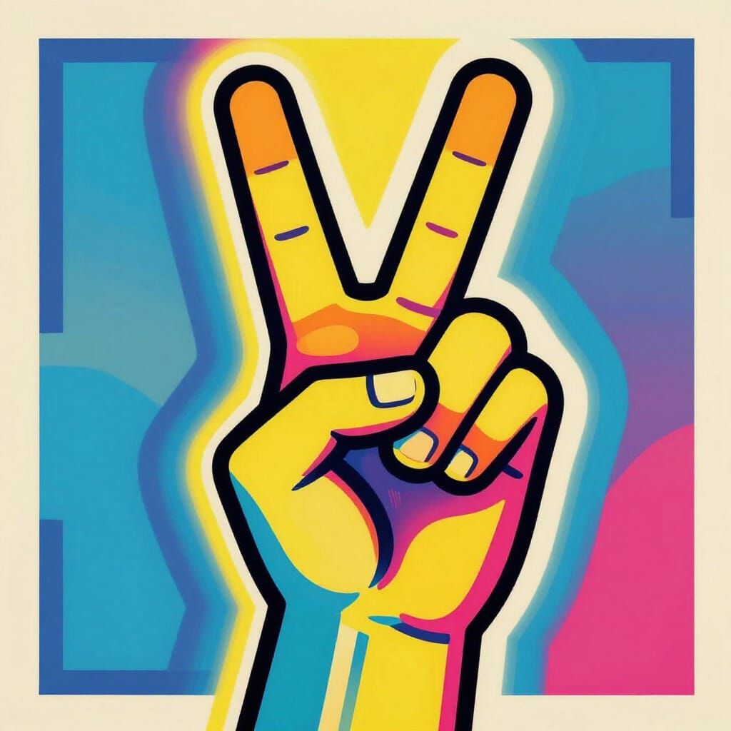 Vibrant Pop Art Hand Peace Sign with Subtle Glow
