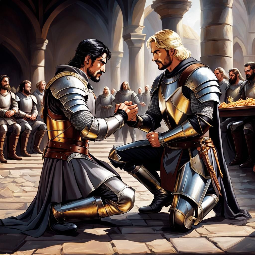 Medieval Homage Scene in Sunlit Hall