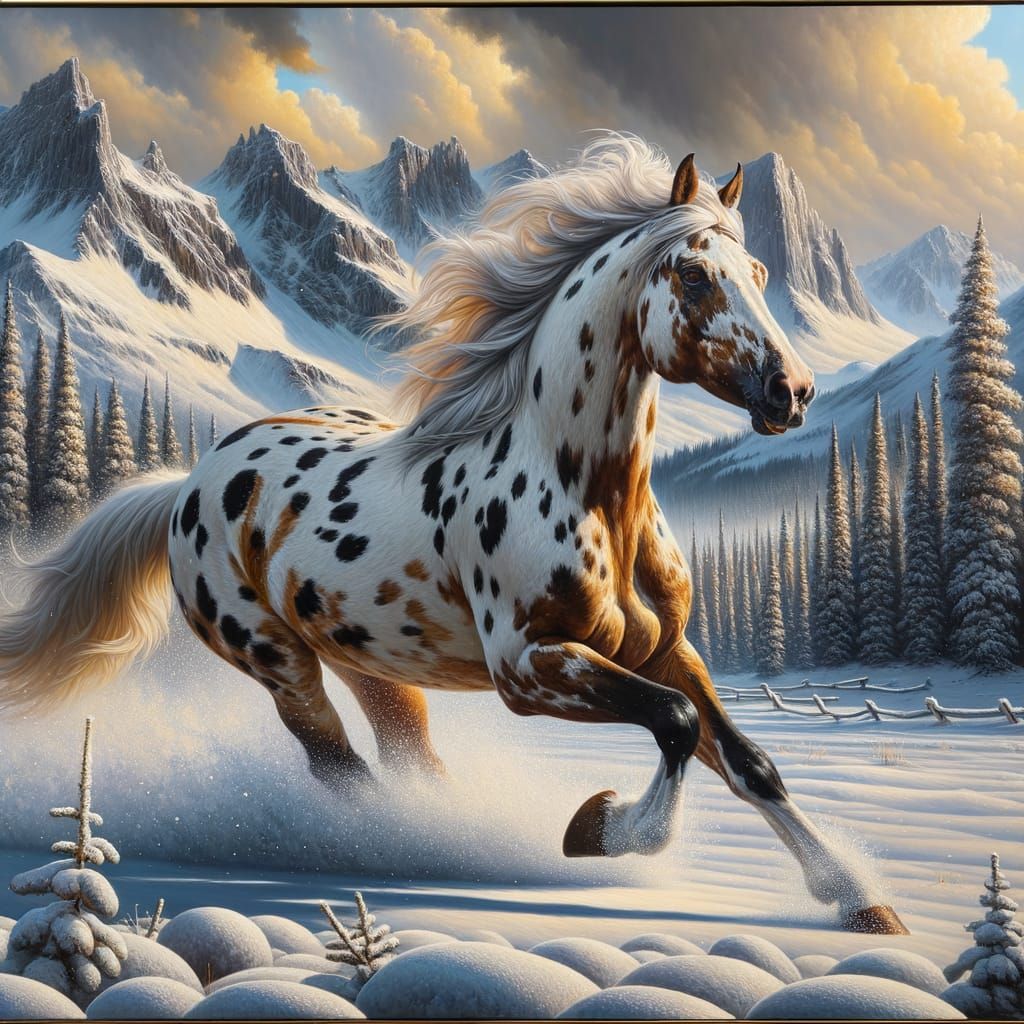 Majestic Appaloosa Gallops Through Snowy Mountains in Hyper-...