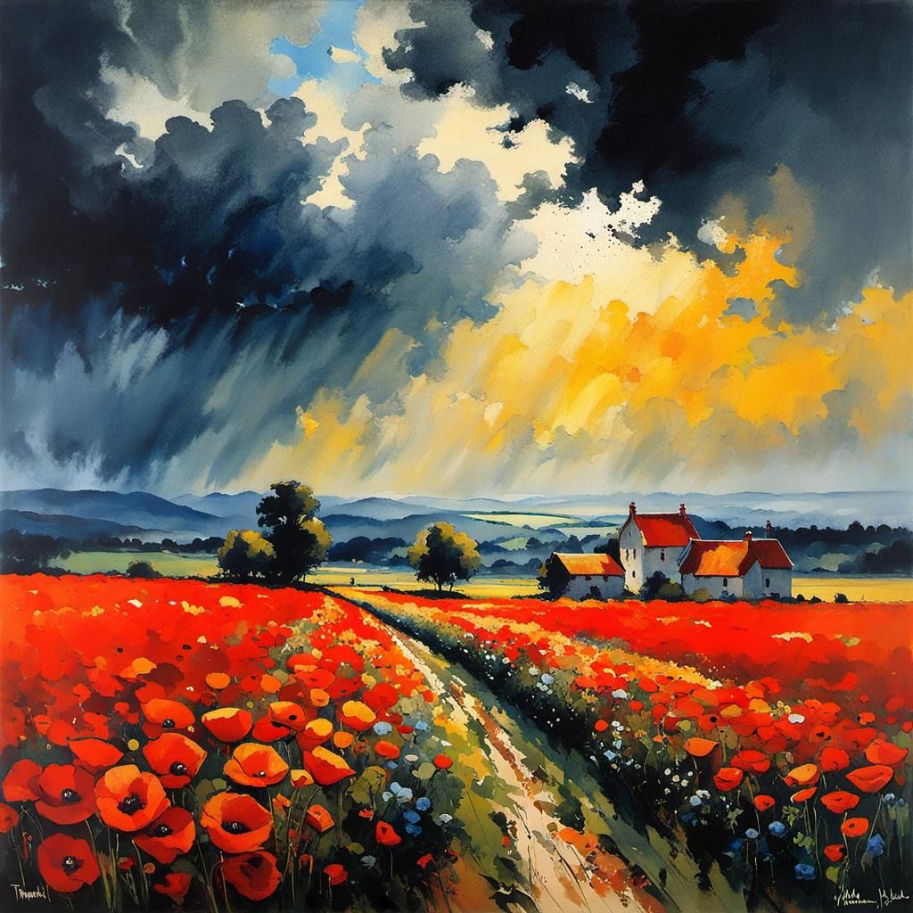 Poppy Field Storm Inspired by Watercolor and Surrealism