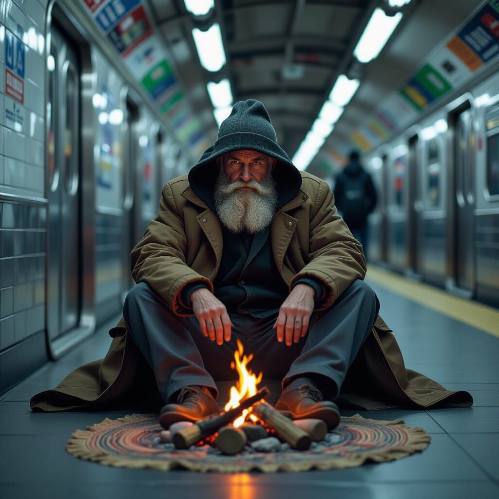 Elderly Man's Subway Tent Amidst Fire and Victorian Style