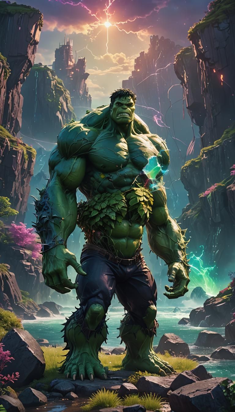 Titanic Hulk-like Monster in a Surreal Landscape