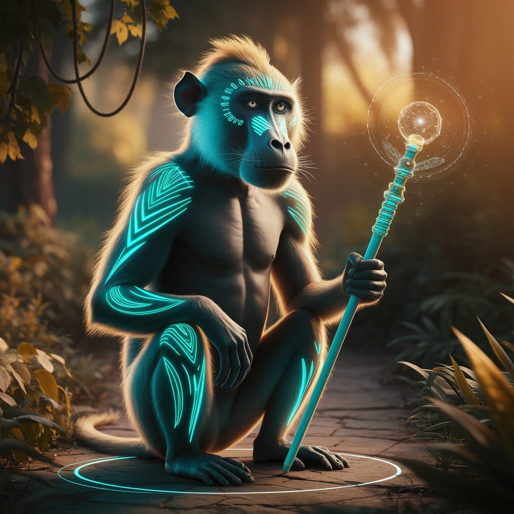 Holographic Mandrill Baboon with Shamanic Staff