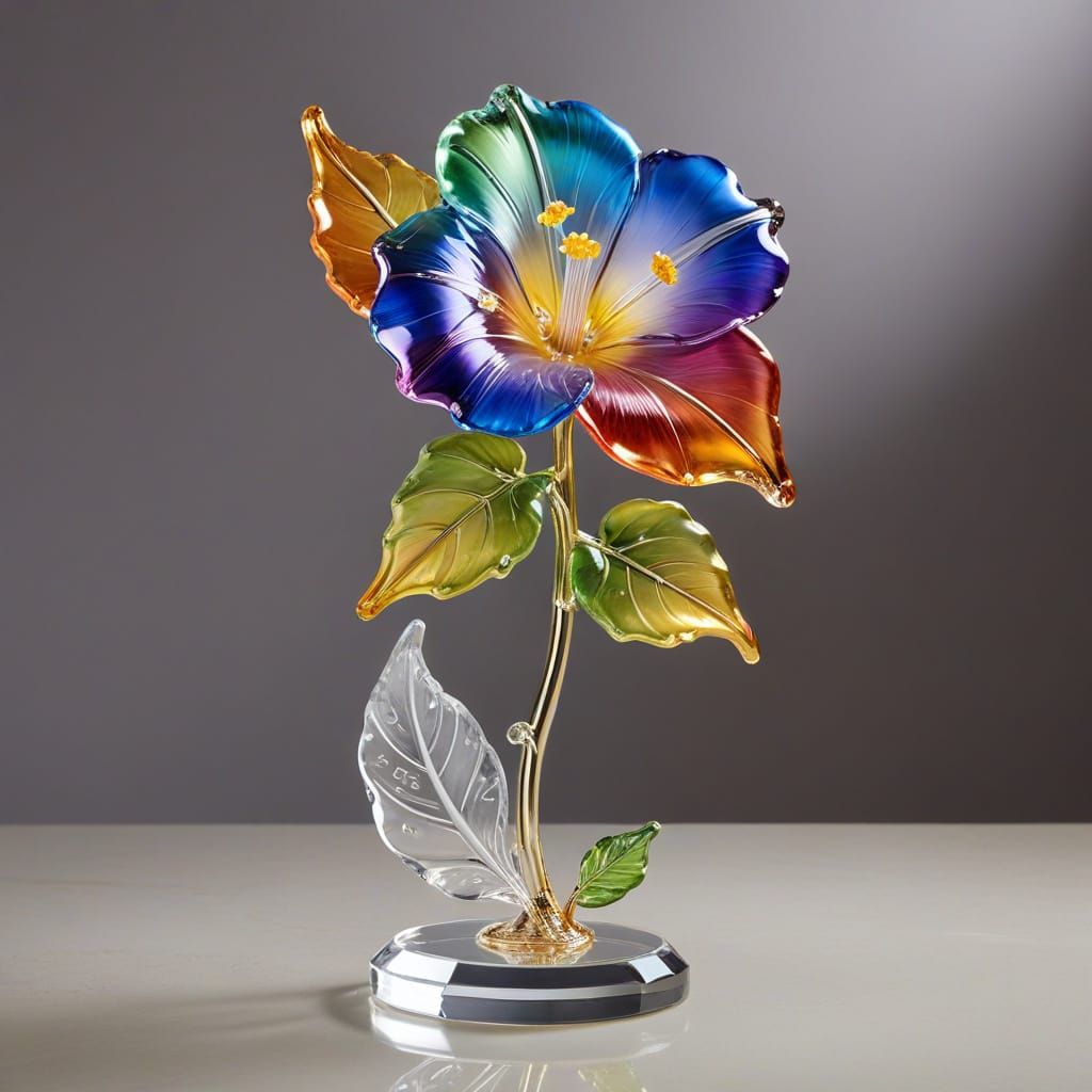 Glass Morning Glory Statue with Crystal Leaf