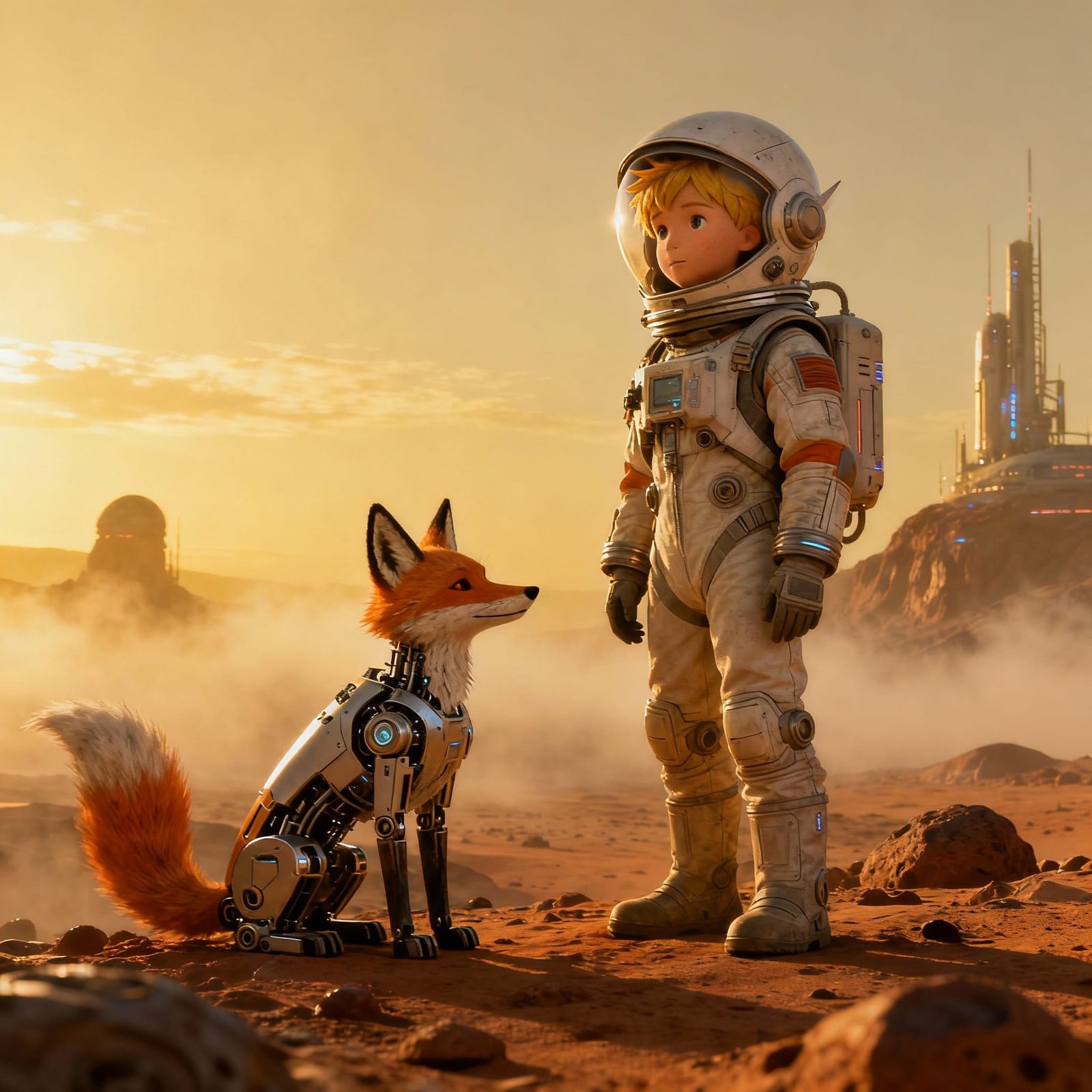 Little Prince and Robotic Fox on Alien Planet