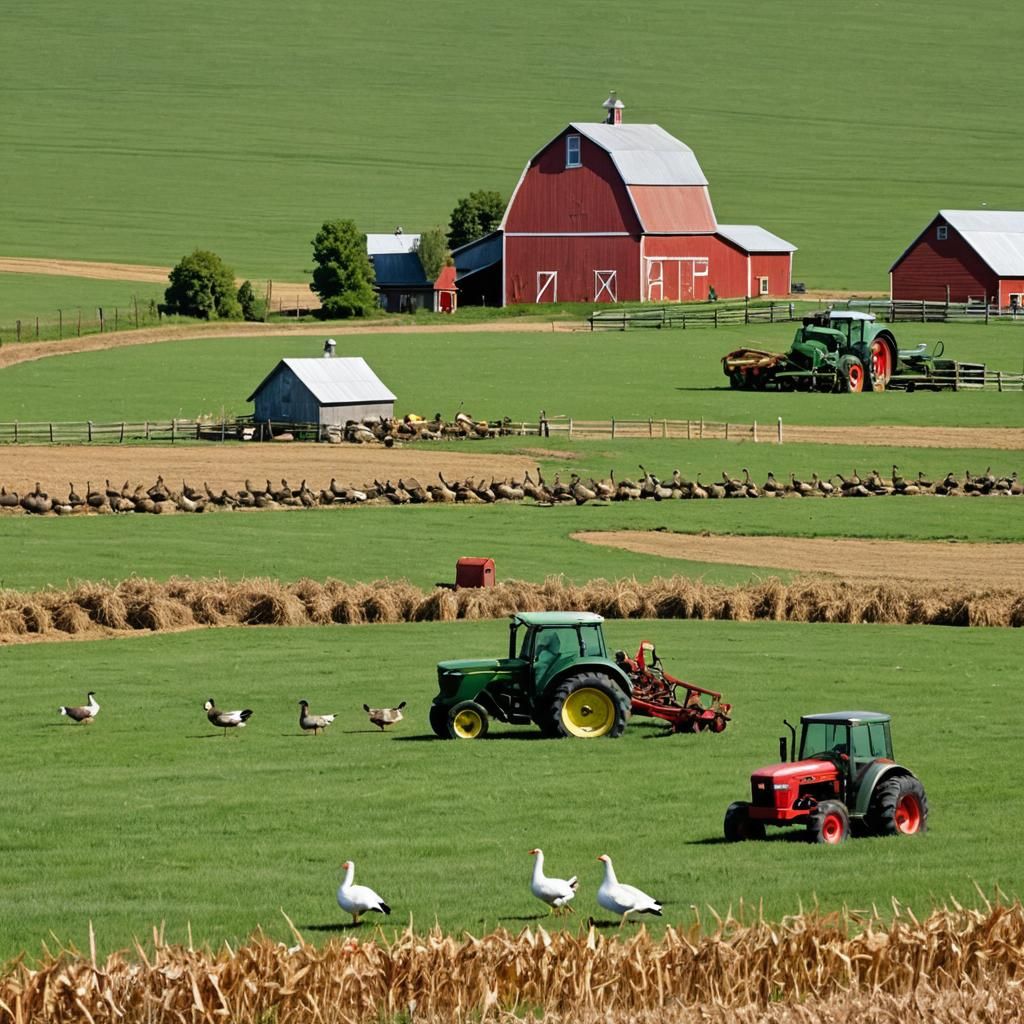 Geese Resting in Field with Tractor and Barn