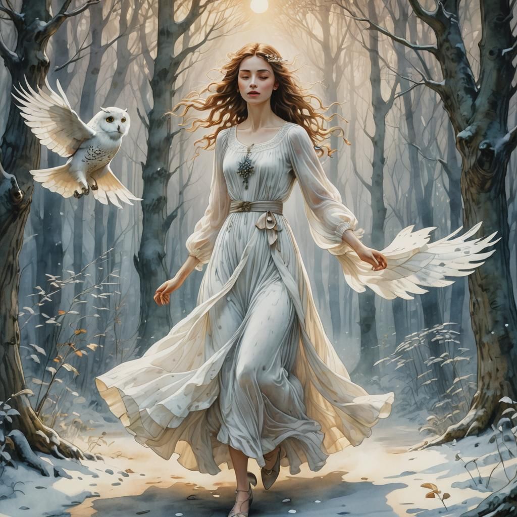 Woman Running Through Misty Forest with Snow Owl