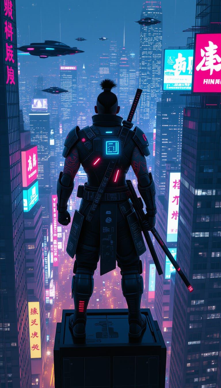 Cyberpunk Samurai Warrior Overlooking Neon City