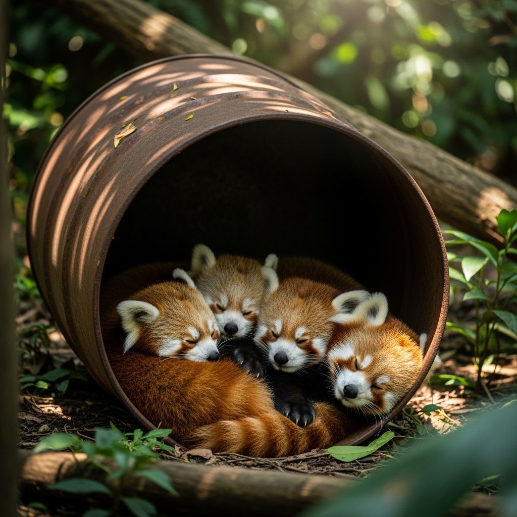 Red Panda Family Sleeps in Rusty Barrel in Jungle