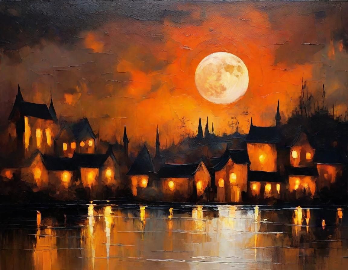 Eerie Halloween Moon Over Lake Village Painting