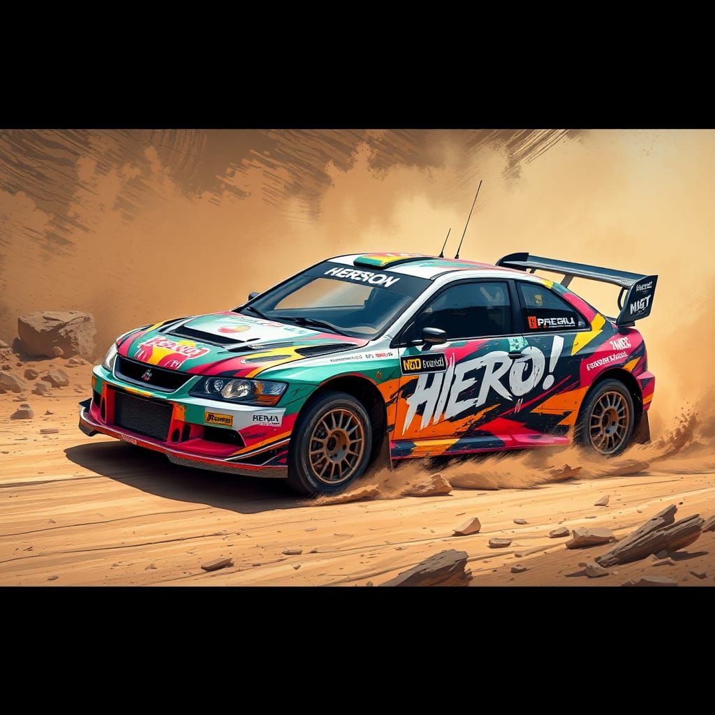 Rally car wrapped in "hero ground zero" artwork