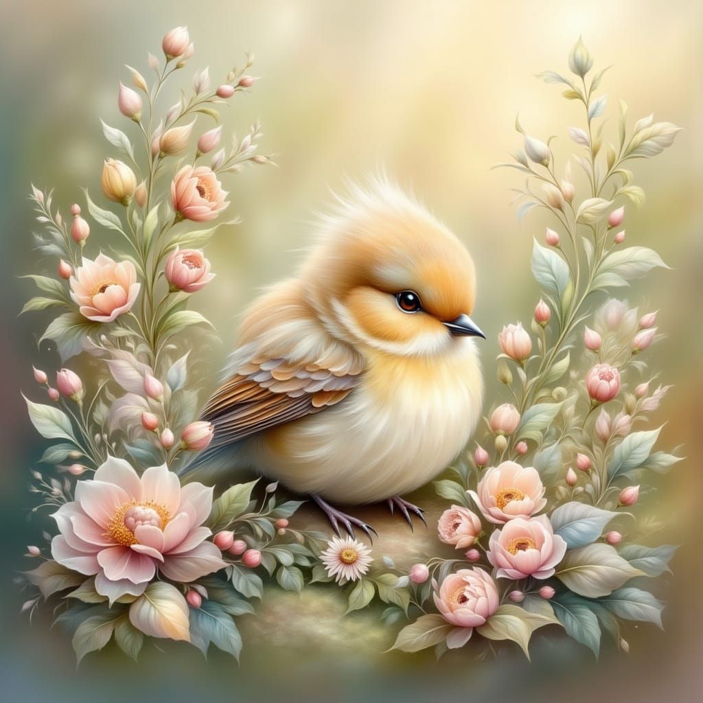Pastel Bird in Floral Bouquet, Beatrix Potter Style
