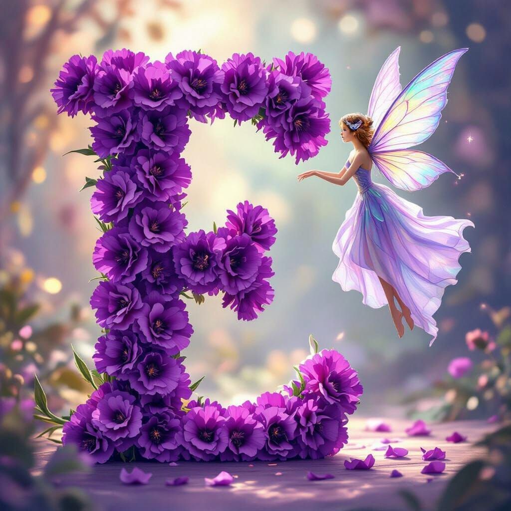 Purple Carnation Letter E with Ethereal Fairy