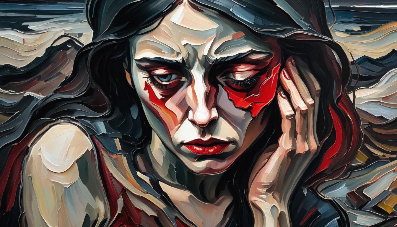 Expressionist Portrait of Grieving Woman in Oil