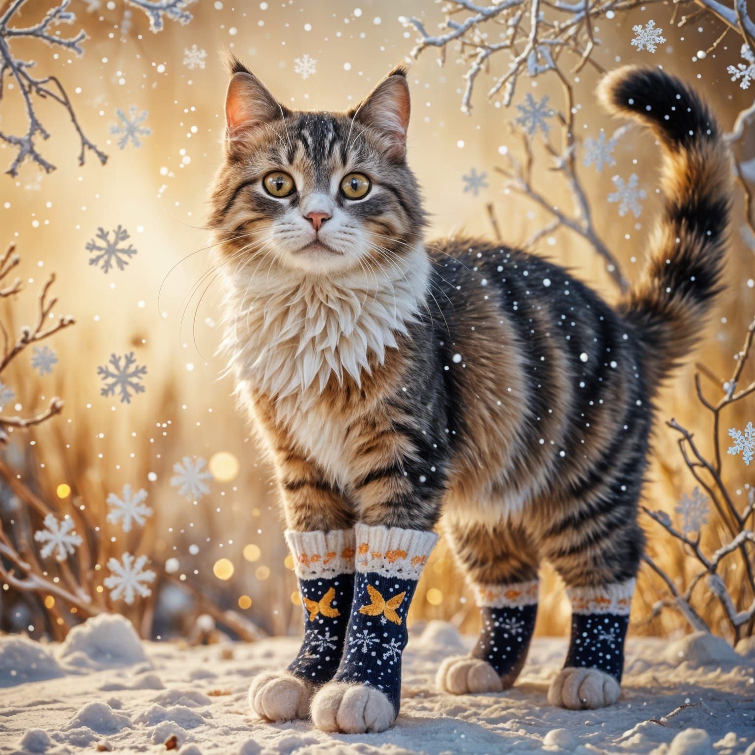 Happy Cat Wearing Lace Socks in the Snow