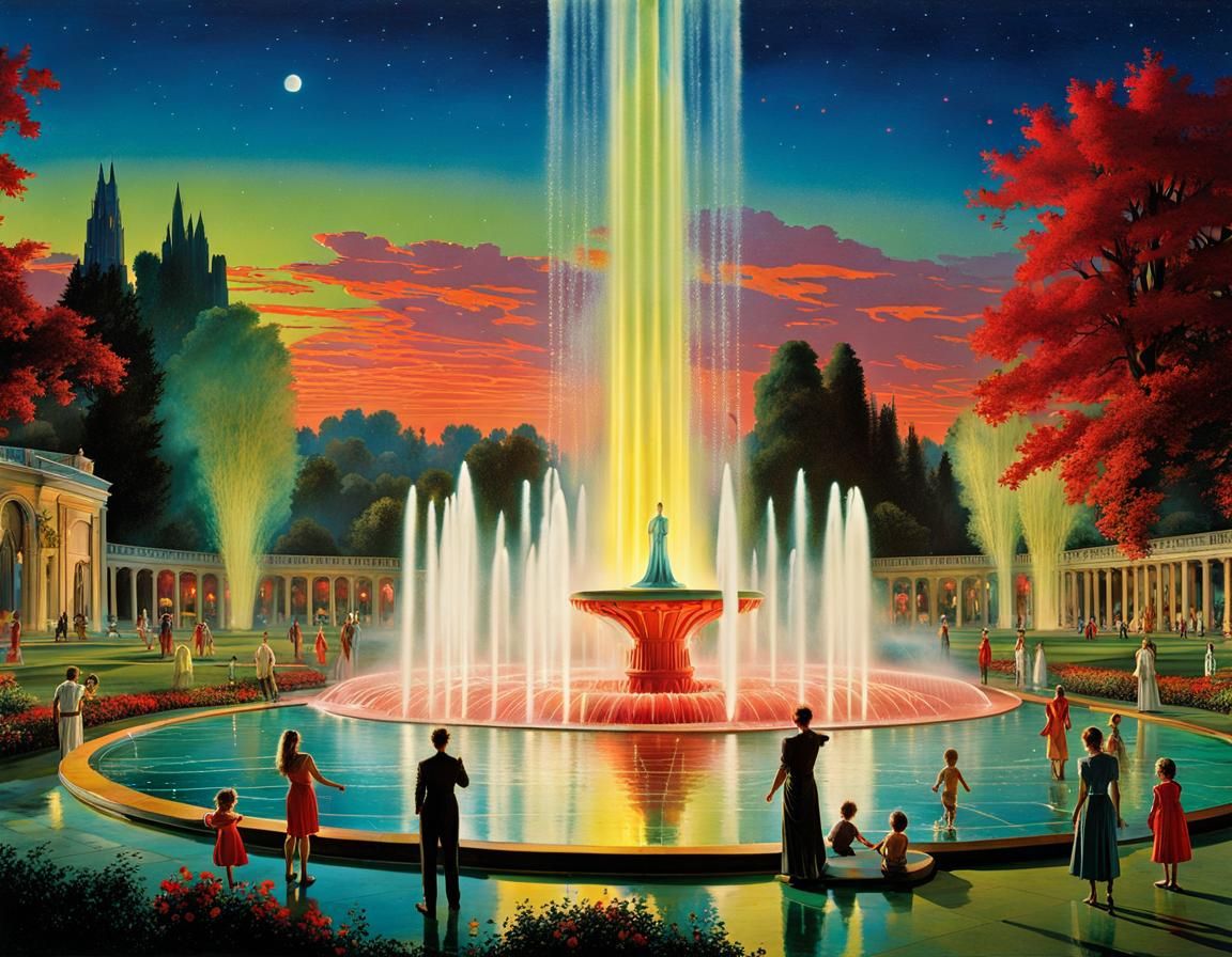 Retrofuturistic Fountain at Night With Playing Families
