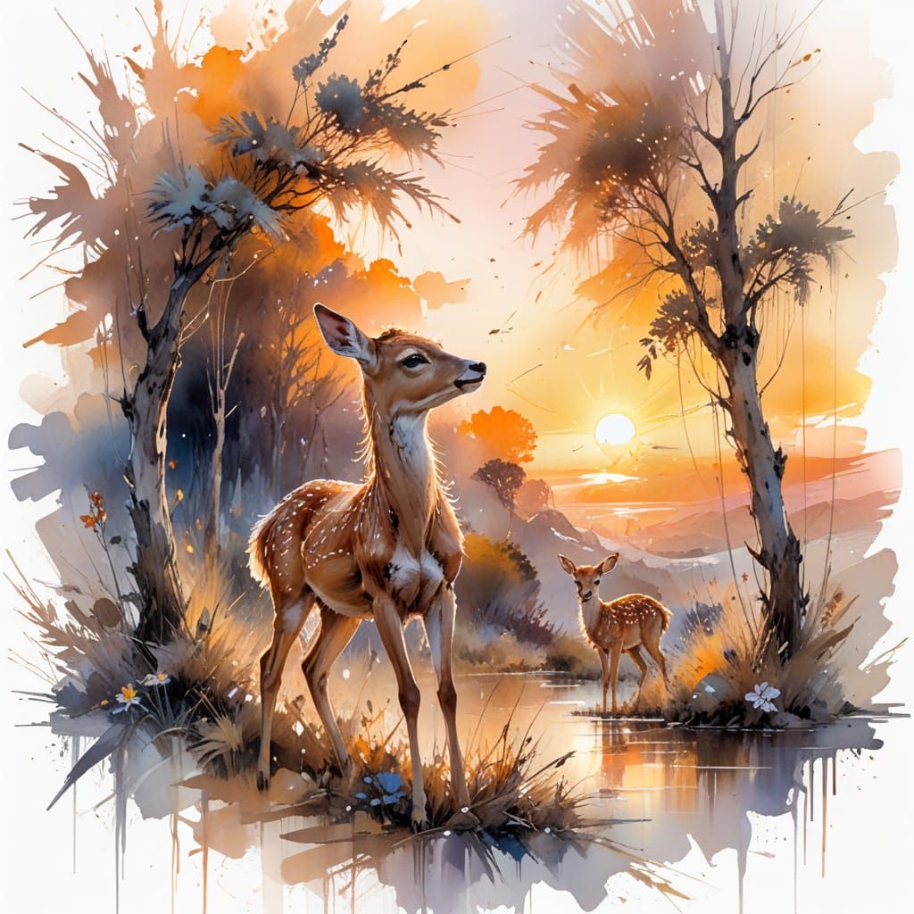Gentle Fawn in Summerscape, Watercolour Style