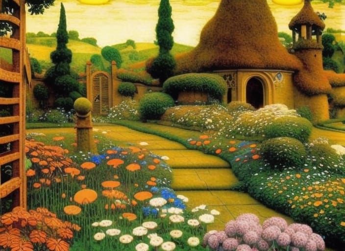 Sunrise Garden with Gothic Archways in Art Nouveau Style