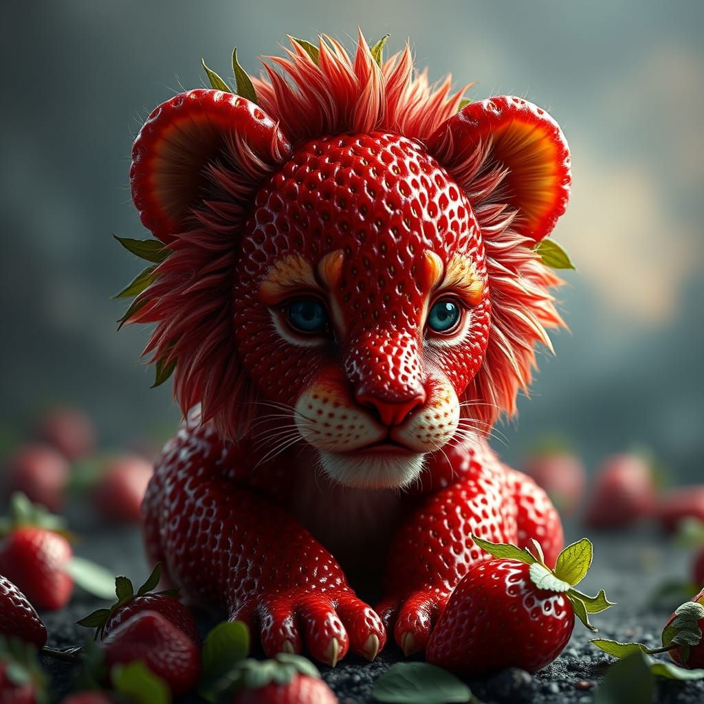 Strawberry Lion Cub in Epic Cinematic Style