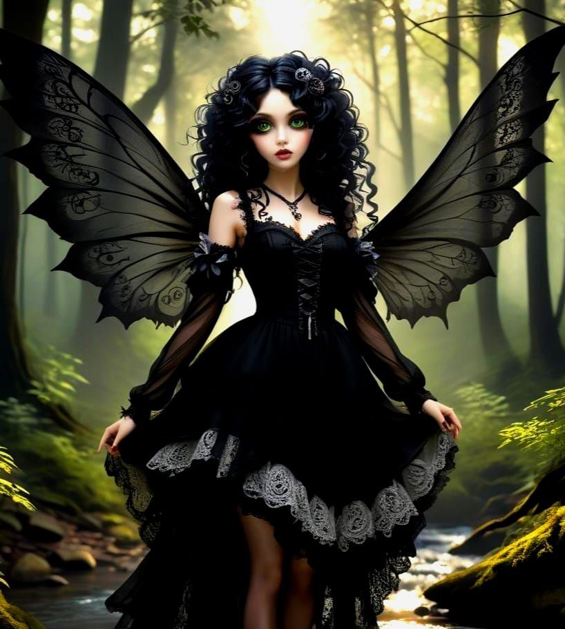 Dark Gothic Fairy with Lace Wings in Forest