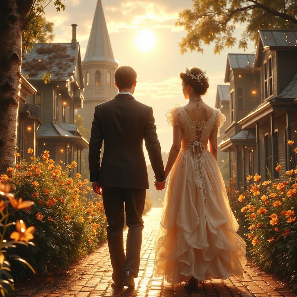 Victorian Couple Holding Hands in Golden Hour Countryside