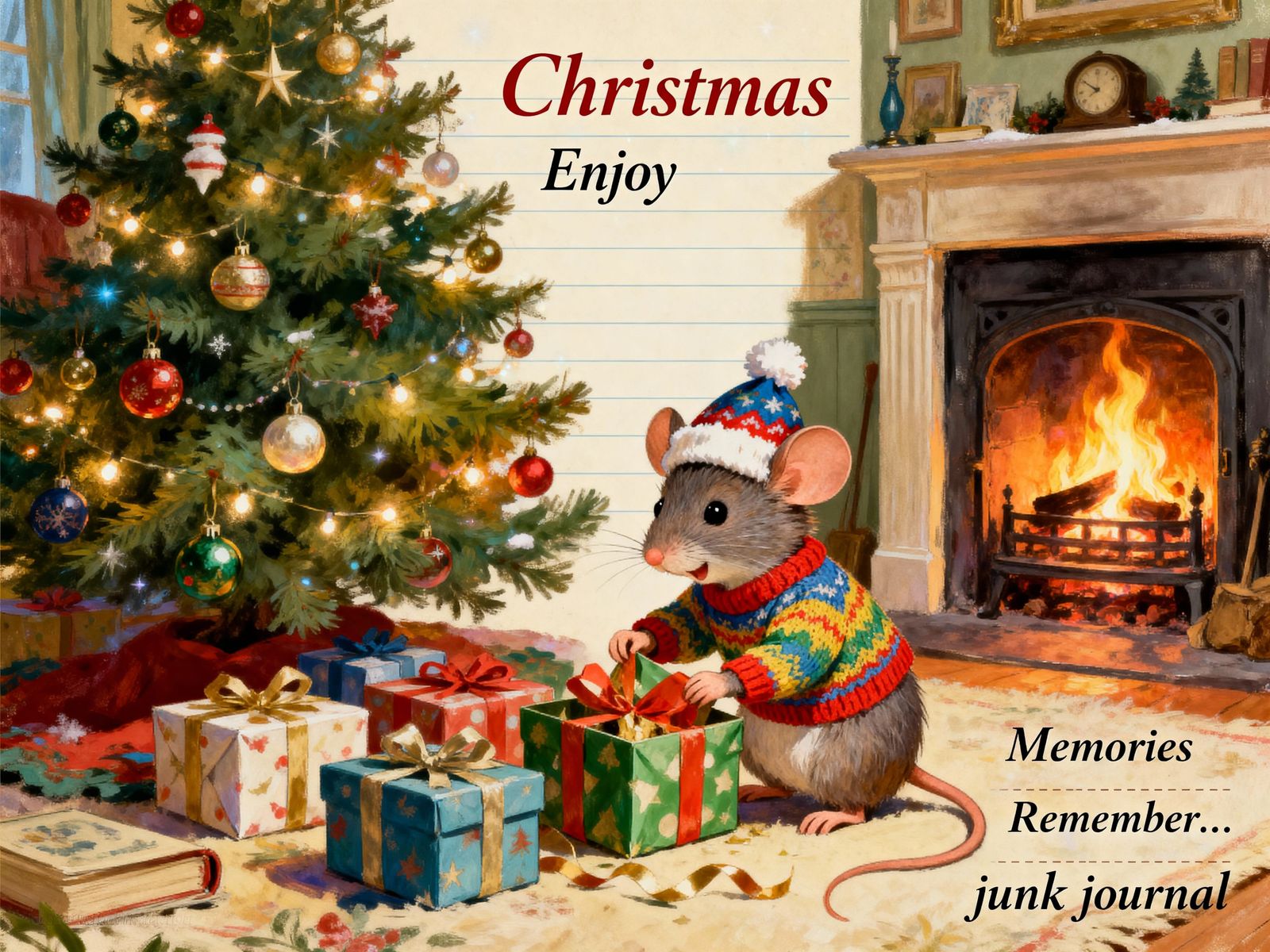 Baby Mouse Enjoys Christmas Gifts by Fireplace